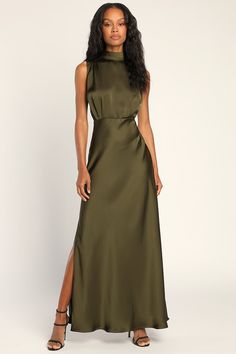 Classic Elegance Olive Satin Sleeveless Mock Neck Maxi Dress Mock Neck Maxi Dress, Fabric Detailing, Gathered Fabric, Sleeveless Mock Neck, Fall Wedding Guest Dress, Mock Neck Dress, Formal Dresses Gowns, Mob Dresses, Dress Order