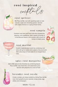 the cocktail menu for rose inspired cocktails