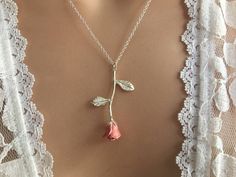 "Pink Necklace, Pink Pendant Necklace, Pink Bridesmaids, Pink Wedding, Pale pink Necklace, Pink Jewelry This dainty Long Stemmed Pink Rose Necklace is an Original Design by Penelope's Porch. Personalized with tiny rose leaf charms that are hand stamped with the initials of your choice. The rose petals are hand enameled in Cobalt Blue. The leaves are hand stamped and plated in 16kt gold or Sterling Silver. The chain is approximately 18\" 16kt gold or Sterling Silver plate. ♥ Please let me know wh Rose Colored Jewelry For Mother's Day Party, Rose Jewelry For Mother's Day Party, Rose-colored Jewelry For Mother's Day Party, Rose Flower Jewelry For Bridesmaid Gift, Delicate Pink Jewelry For Anniversary, Pink Rose Design Jewelry For Valentine's Day, Rose Jewelry For Wedding And Valentine's Day, Dainty Pink Necklace For Bridesmaid Gift, Delicate Pink Necklace For Bridesmaid Gift