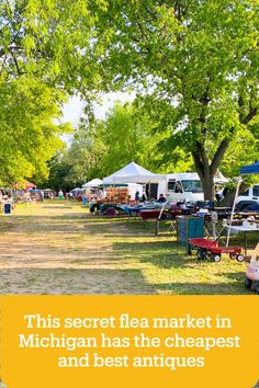 an outdoor market with tents and tables under trees