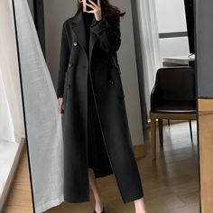 Dark Academia Belted Long Coat Fall Fashion Korean, Long Wool Coat Women, Mode Mantel, Womens Black Coat, Long Black Coat, Winter Trench Coat, Coat Women Fashion, Wool Coat Women, Long Coat Women