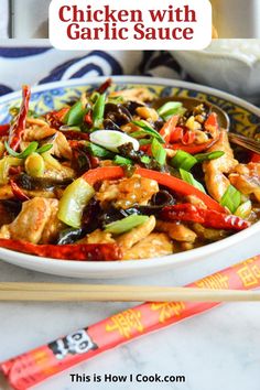 chicken with garlic sauce in a bowl with chopsticks next to it and text overlay