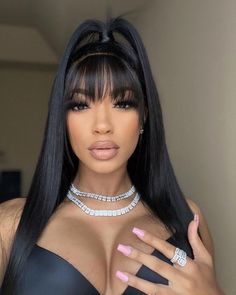 Hair Name: Bangs Wig Hair Style: Straight Wigs With Bangs Hair Length: 8-30 inch Wig Weight: 200-320g/Wig (Depending on Lengths and Density) Color: Natural Black #1B Density: 180% Cap Size: Medium, about 22.5inches Quality: 100% Virgin Human Hair Last for One More Year Hairline Bangs Shipment: DHL, FedEx, or UPS 5-7 business days. Hair Ponytail Styles With Bangs, Ponytail Wig With Bangs, Lace Wigs With Bangs, Straight Wigs With Bangs, Jet Black With Bangs, Lace Front Hairstyles With Bangs, Chinese Bangs With Ponytail, Chinese Bangs Half Up Half Down, Ponytail And Bangs Hairstyles