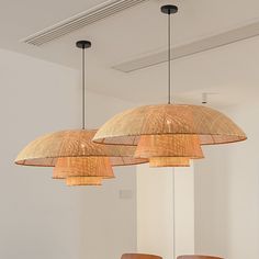 three lamps hanging from the ceiling in a room