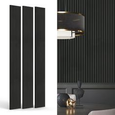 a black room divider next to a lamp