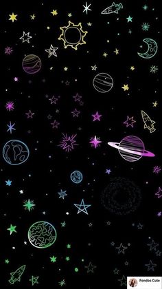 the outer planets glow in the dark sky with stars and moon designs on black background