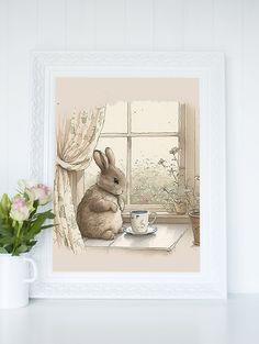 a painting of a bunny sitting at a window sill with a coffee cup in front of it