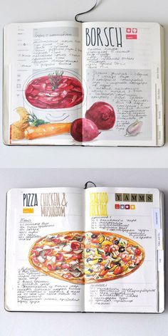 an open recipe book with pictures of pizzas and other food items on the pages