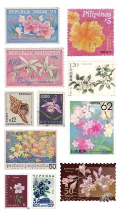 stamps with flowers and butterflies on them are shown in different colors, sizes and shapes