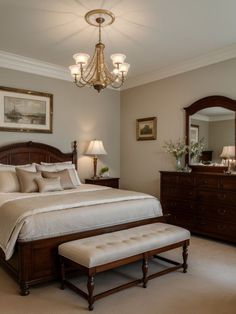 a bedroom with a large bed, dressers and a chandelier hanging from the ceiling