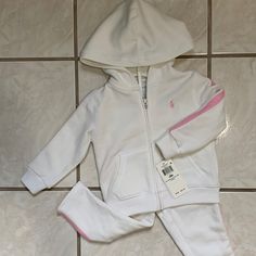 Cute Girls Ralph Lauren Set White & Pink White Long Sleeve Playwear Sets, White Hooded Sets For Spring, Spring White Playwear For Babies, White Winter Playwear For Babies, White Fitted Playwear Set, White Playwear Sets For Spring, White Playtime Sets For Spring, White Long Sleeve Playwear For Babies, Polo Tennis Dress