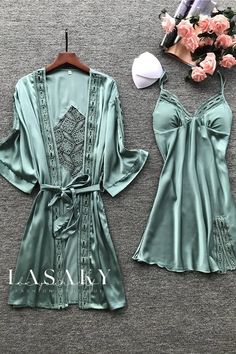 Lasaky - Sophisticated Two-Piece Loungewear Set: Elegant Camisole Nightgown and Robe with Chest Pad and Long Sleeves Night Dress Sleep, Dress For Night, Elegant Loungewear, Two Piece Loungewear, Nightgown And Robe, Ladies Nightwear, Dress Swimsuit, Soul Contract, Women's Robe