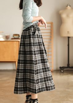 Simple Chocolate Pockets Plaid Cotton Skirts Spring Cotton Skirts, Spring Fabric, Autumn Dress, Fall Skirts, Loose Blouse, Mid Dresses, Tops Fall, Cotton Skirt, Lace Maxi Dress