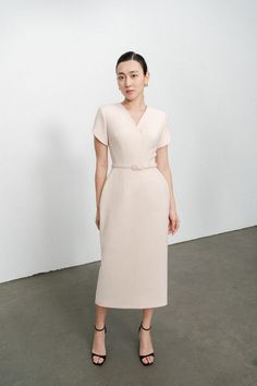 Melody Pegged V-Neck Twill Midi Dress | MEAN BLVD Stylish Midi Dress, Mean Blvd, Bow Tie Dress, Chiffon Midi Dress, A Line Shorts, All Body Types, Twill Fabric, Beaded Lace, Designer Collection