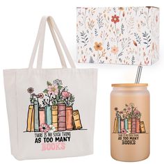 two totes bags, one with books and the other with flowers on it next to a bag