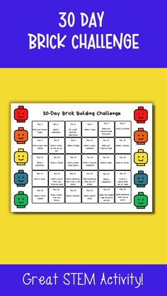 Do you have a bored child on your hands? Looking for a way to keep them busy on school breaks or rainy days?

This 30-day brick challenge is perfect!

It's an activity printable that will keep them busy for hours. There are 30 different activities, so you can use it consecutively for a month or break it up over time. 
Plus, it's a great way to help them learn skills like problem-solving and spatial awareness. Stem For Kids