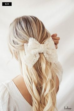 The Petit Moments True Destiny White Lace Oversized Bow Hair Clip and your gorgeous tresses are a match made in heaven! This darling bow features embroidered lace atop a sheer mesh overlay that shapes an oversized bow and a silver French barrette closure. Bow Measures 7" Wide And 6. 25" Long. 90% Polyester, 10% Zinc. Imported. Lulus | True Destiny White Lace Oversized Bow Hair Clip. Wedding Hair With Bow, Hairstyle With Bow, Maternity Hair, Hair With Bow, Bows In Hair, Dream Proposal, Trio Halloween Costumes, Winter Outfits For School, A Match Made In Heaven