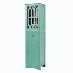 a tall green cabinet with an open door on the front and bottom shelf in the middle