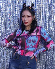 Model (WearingS):• Height: 170cm | Bust: 88cm | Waist: 65cm | Hip: 90cmDetails: Purple mesh top with thumb cut-out and anime character printLength: NormalSleeve Length: Long sleevesMaterials: 95% Polyester + 5% Spandex Purple L, Rainbow High, Y2k Outfits, Ultra Modern, Clothing Inspiration, Cami Crop Top, Maxi Dresses Casual, Crop Top Blouse, Fancy Outfits