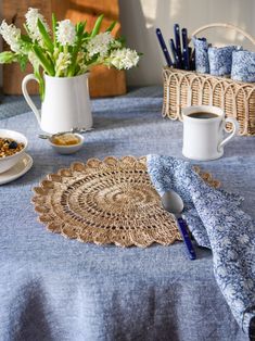 Juliska Macrame Placemat Natural Weston Table Macrame Placemat, Blue Table Settings, Macrame Table, Beach Table, Woven Placemats, Blue Table, Modern Life, Table Mats, Twine