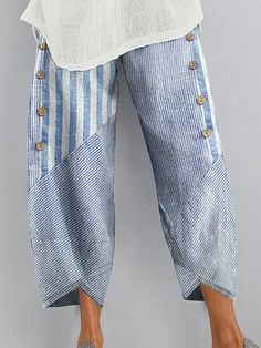 Stylish Striped Side Pocket Pants Casual Ankle-length Pants With Buttons, Casual Pants With Buttons And Loosely Fitted Hips, Blue Relaxed Fit Bottoms With Buttons, Spring Bottoms With Buttons And Relaxed Fit, Spring Relaxed Fit Bottoms With Buttons, Casual Cotton Bottoms With Buttons, Non-stretch Ankle-length Pants With Buttons, Casual Straight Pants With Buttons, Casual Baggy Pants With Buttons