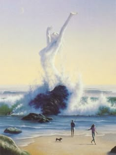 a painting of two people and a dog on the beach with waves crashing behind them