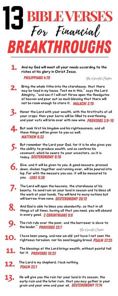 a poster with the words 13 bible verses for financial breakthrouhes on it