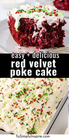 red velvet poke cake with white frosting and sprinkles on the top