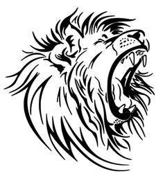 a black and white drawing of a lion's head with it's mouth open