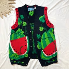 Vintage Just Better Sweaters Designs By Lisa Coufal Watermelon Sweater Vest Size Says 1 (I Would Estimate This To Be About An Xl) Color Are Black, Red, And Green Sleeveless Vest Style Button Front Buttons Are Little Watermelons Knit Watermelon Details Throughout A Very Unique Piece! This Vintage Watermelon Knit Vest Is So Cute And Funky! Watermelon Vine, Funky Sweaters, Vintage Watermelon, Cute Vest, Funky Clothes, Weird Girl, Sweaters Vintage, 80s Sweater, Funny Sweaters