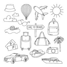 travel doodles with luggage and items for the trip in black and white stock photo