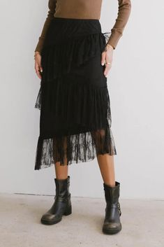 Layered skirt in black Black Fitted Bottoms With Lace Patchwork, Fitted Black Bottoms With Lace Patchwork, Fitted Lace Skirt For Fall, Black Lace Bottoms For Fall, Black Lace Patchwork Bottoms For Spring, Floral Lace Skirt, Inktober 2024, Mid Length Skirt, Ribbed Skirt