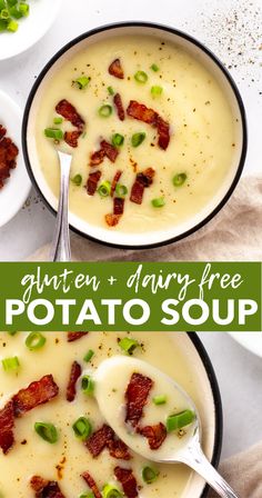 two bowls of potato soup with bacon, green onions and cheese on the side text reads gluten + mary free potato soup