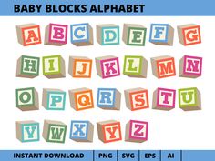 baby blocks alphabet with letters and numbers in different colors, including the letter's