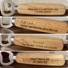 four different types of knives with engraved words on them