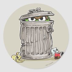 a cartoon trash can with eyes sticking out of it's top, surrounded by other garbage cans