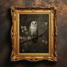 an owl sitting on top of a tree branch next to a framed painting in a gold frame