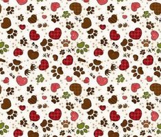 a white background with brown, red and green dog paw prints on the bottom half of it