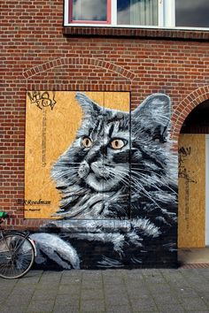 a cat painted on the side of a building next to a bicycle parked in front of it