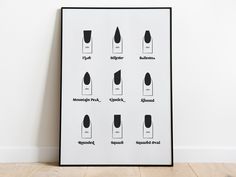 a black and white poster with different types of nail polish on it's sides