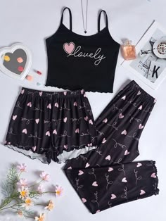 3pcs Heart & Letter Graphic Lettuce Trim PJ Set / Pajama Set Black Casual-Young    Heart,Letter  Slight Stretch All Women Sleep & Lounge, size features are:Bust: ,Length: ,Sleeve Length: Sleepover Pjs, Womens Loungewear Sets, Cute Sleepwear, Elastic Waistband Pants, Heart Letter, Women's Casual Style