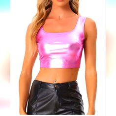 Allegra K Women's U Neck Sleeveless Halloween Party Clubwear Holographic Shiny Metallic Crop Top Y2k Sleeveless Tank Top For Party, Y2k Pink Tank Top For Party, Y2k Style Pink Tank Top For Party, Y2k Tank Crop Top For Party, Disco Style Sleeveless Tank Top For Summer, Y2k Sleeveless Crop Top For Party, Sleeveless Crop Top For Halloween Party, Trendy Sleeveless Crop Top For Party Season, Trendy Sleeveless Crop Top For Parties