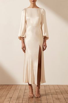 Cream Dress Sleeve, Cream Satin Dress Long Sleeve, Cream Long Sleeve Silk Dress, Luxury Cream Gown For Festive Occasions, Cream Modest Bridesmaid Dresses, Longsleeve Midi Wedding Dress, Cream Midi Length Dinner Dress, Shona Joy La Lune, Shona Joy Dress