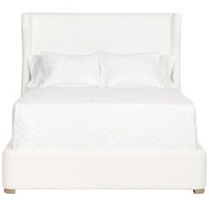 a white bed with two pillows on top of the headboard and foot board, in front of a white background