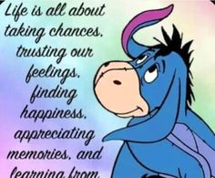 an image of a cartoon character with the quote life is all about taking changes, focusing our feelings, happiness, appreciating memories, and learning from learning from