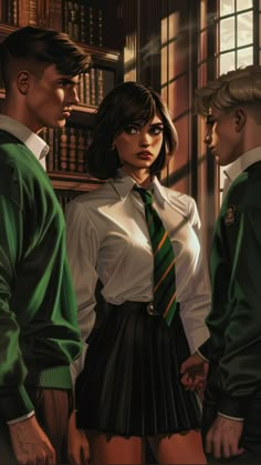 three people standing in front of a bookshelf wearing green and white shirts and ties