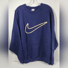 Nwot Vintage Nike Men's Swoosh Pullover Sweatshirt *Rare* Size: Extra Large Color: Navy Blue With Yellow Nike Logo! Measurements In Pictures Above! I Will Ship This Item Out Via Usps Priority Mail 2-5 Day Mail With A Tracking Number For Confirmation I Ship Items Out Every Day So Expect A Quick Delivery! Please Feel Free To Ask Any Questions You May Have I Answer Most Questions Within 4 Hours During Business Hours Eastern Time!! Shipping: All Items Are Picked Up From Our Warehouse Either Same Bus Nike Navy Tops For Streetwear, Nike Blue Crew Tops, Blue Crew Sweatshirt For Sports, Blue Sporty Sweater For Sports, Sporty Blue Sweater For Sports, Senior Szn, Vintage Nike Hoodie, Nike Crewneck Sweatshirt, Silly Clothes