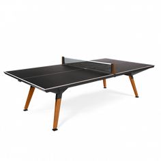 the ping pong table is black and has two wooden legs, one on top of it