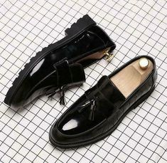 Black Tassel Loafers With Brogue Detailing For Business, Black Tassel Loafers With Round Toe For Semi-formal Occasions, Black Tassel Loafers For Semi-formal Occasions, Black Semi-formal Tassel Loafers With Round Toe, Black Flat Tassel Loafers With Brogue Detailing, Black Round Toe Tassel Loafers For Business, Black Wedding Shoes, Black Loafers Men, Leather Wedding Shoes