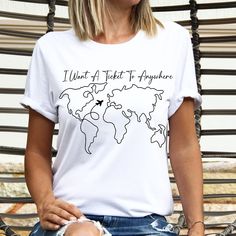 Travel Shirt, I Want A Ticket To Anywhere Shirt, Travel States Tourist Place Tshirt, Vacation T-shirt Travel T Shirts Ideas, Travel T Shirt, Ticket To Anywhere, Embroidery Shirt Men, Oversized Prints, Shirt Concept, Travel Doodles, World Map Travel, Travel Tshirt